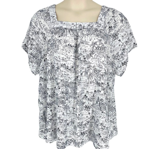 CJ Banks 3X Cartoon Island Print Loose Fit Short Sleeve Square Neck Top Vacation - Picture 1 of 7